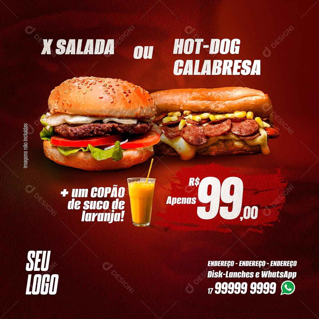 Promoção X Salada ou Hot Dog Calabresa Social Media PSD Editável