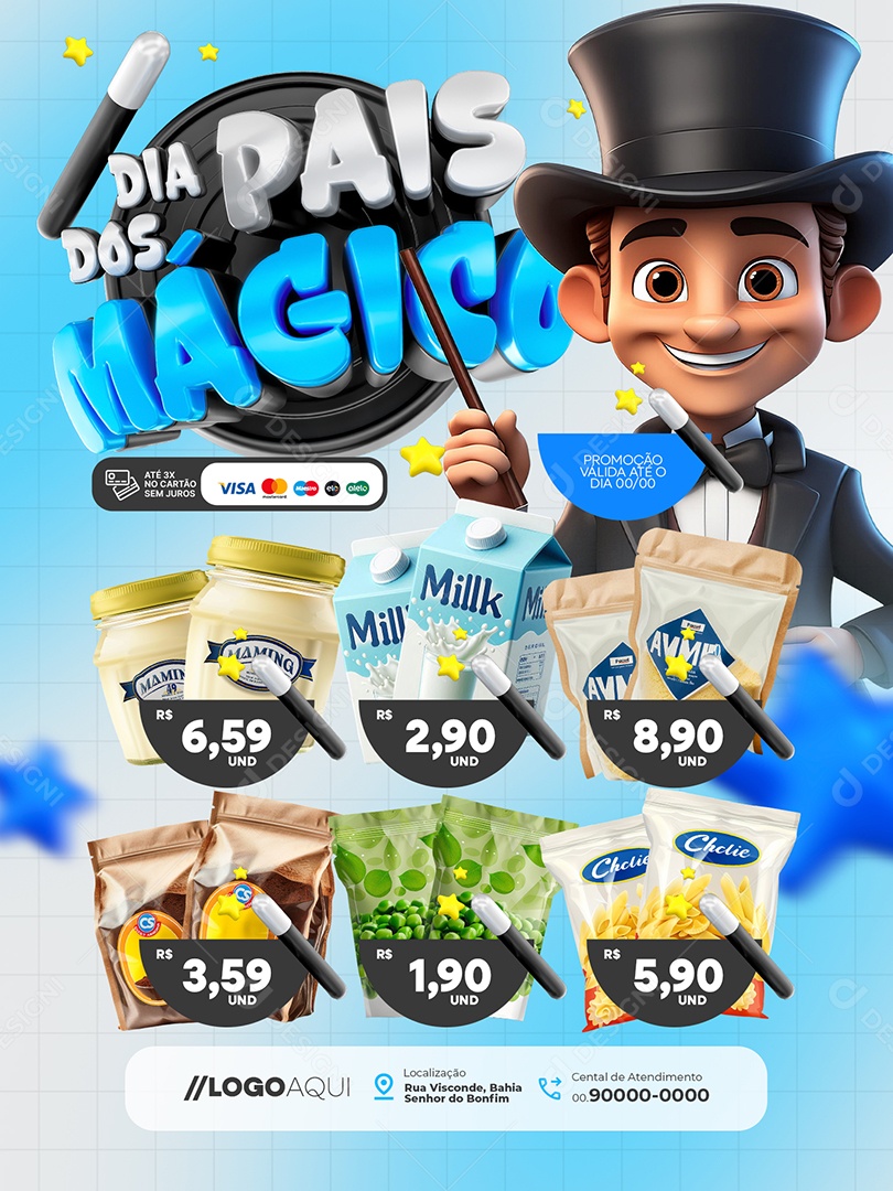 Dia dos Pais Mágico Supermercado Encarte Maionese Leite Social Media PSD Editável