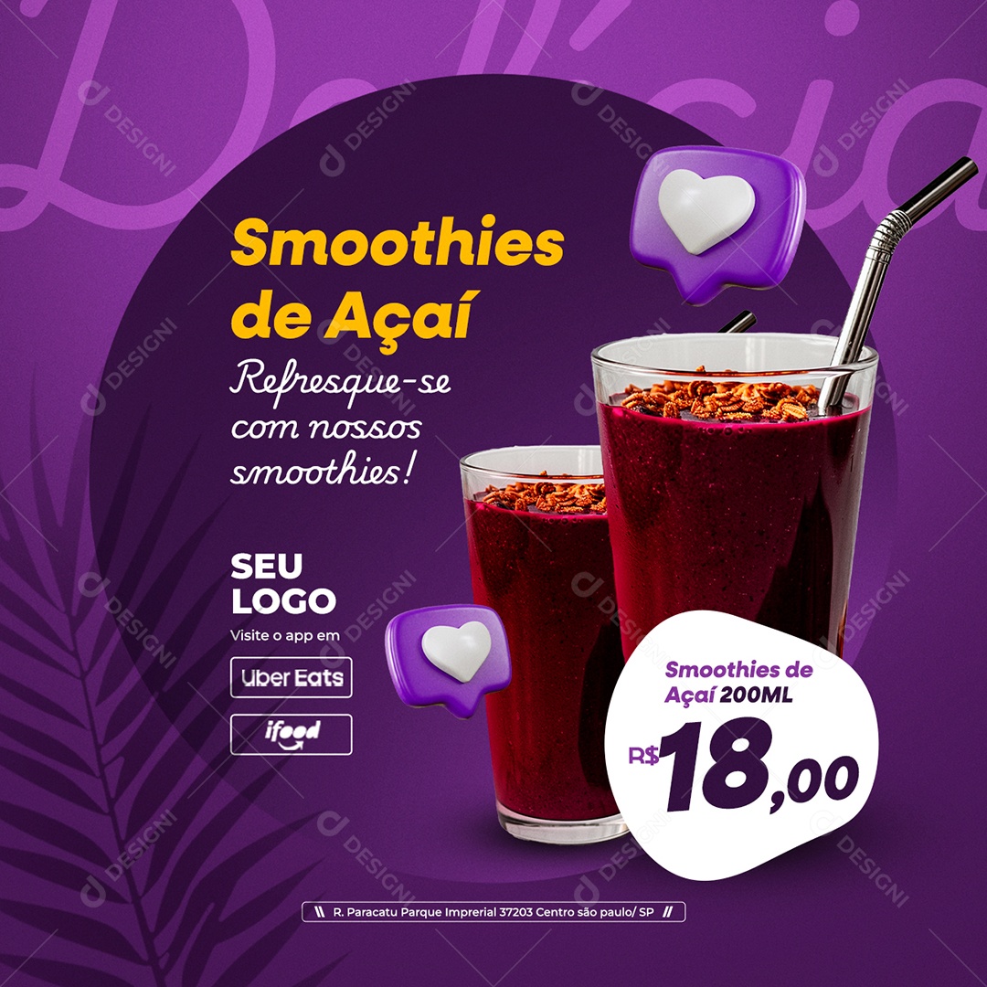 Açaiteria Smoohties de Açaí Social Media PSD Editável
