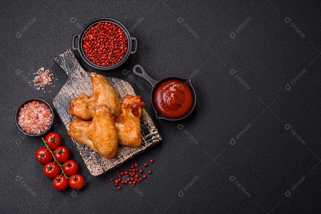 Deliciosas asas de frango frito com sal, especiarias e ervas sobre um fundo escuro de concreto