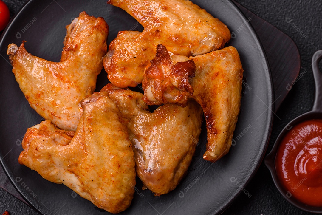 Deliciosas asas de frango frito com sal, especiarias e ervas sobre um fundo escuro de concreto