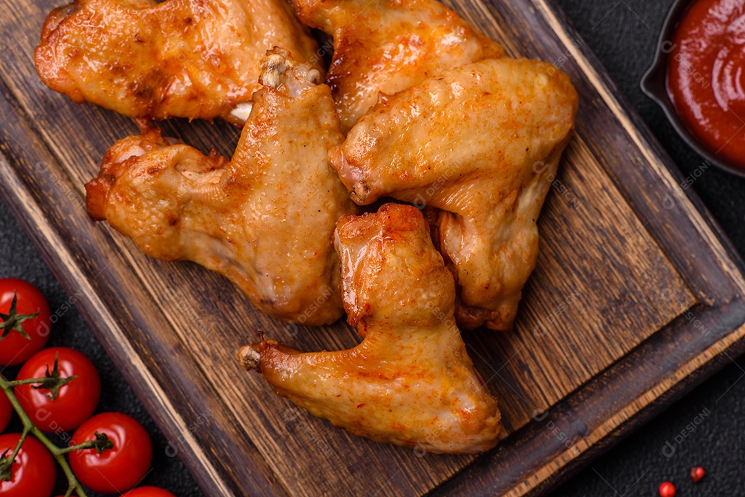 Deliciosas asas de frango frito com sal, especiarias e ervas sobre um fundo escuro de concreto