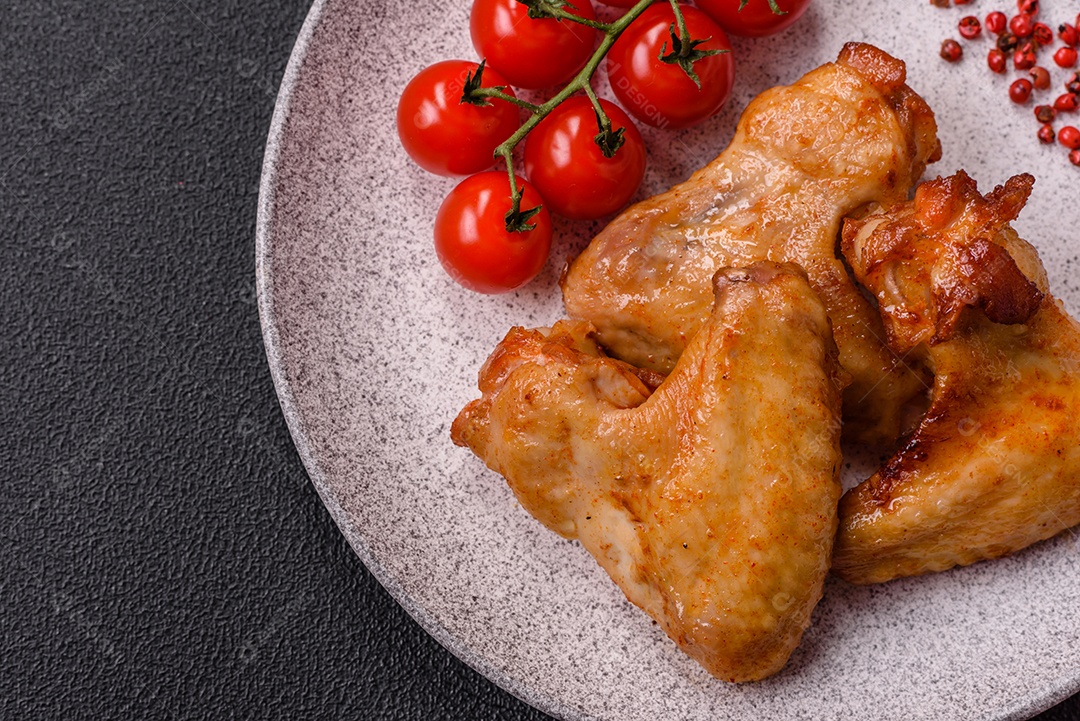 Deliciosas asas de frango frito com sal, especiarias e ervas sobre um fundo escuro de concreto