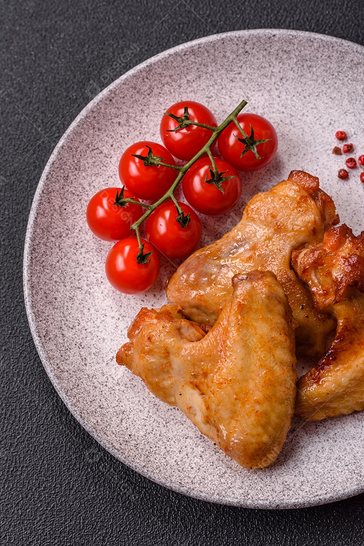 Deliciosas asas de frango frito com sal, especiarias e ervas sobre um fundo escuro de concreto