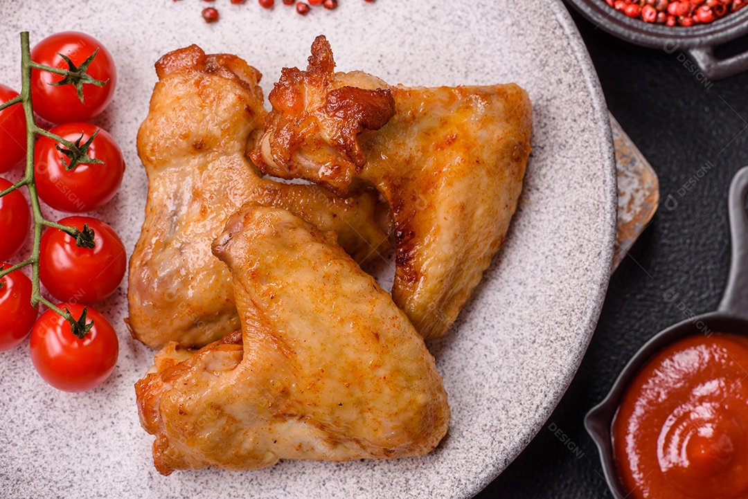 Deliciosas asas de frango frito com sal, especiarias e ervas sobre um fundo escuro de concreto