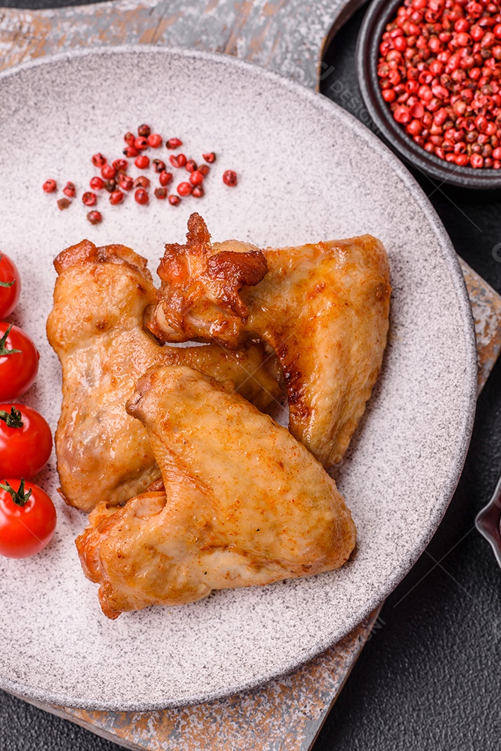 Deliciosas asas de frango frito com sal, especiarias e ervas sobre um fundo escuro de concreto