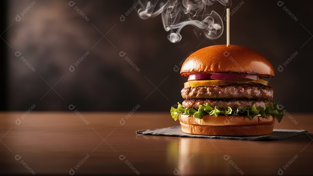 Hambúrguer quentinho delicioso sobre uma mesa de madeira