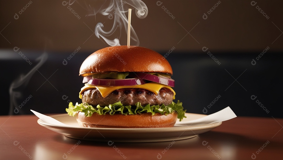 Hambúrguer com carne e salada sobre prato branco