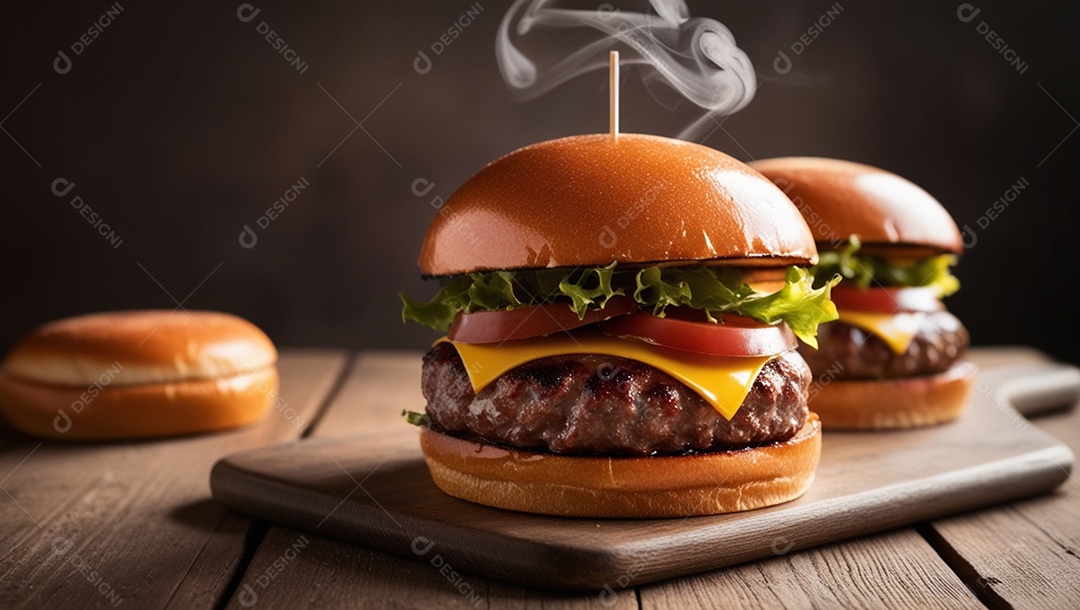 Três hamburgueres deliciosos sobre uma tábua de madeira