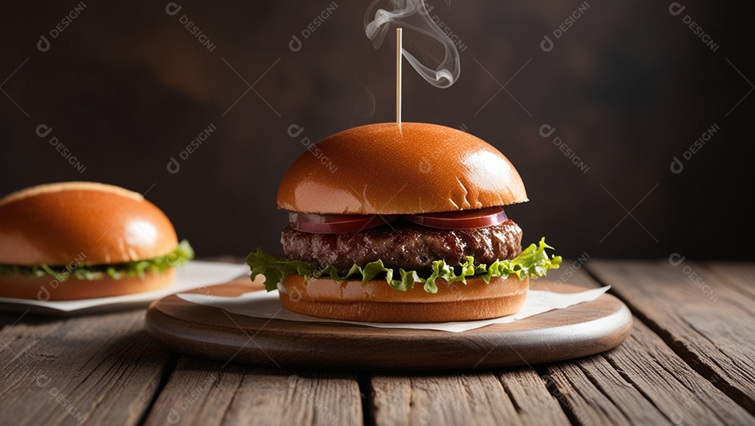 Delicious burgers on a wooden table