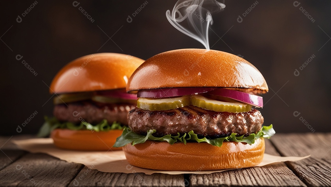 Dois hambúrgueres deliciosos sobre uma mesa de madeira