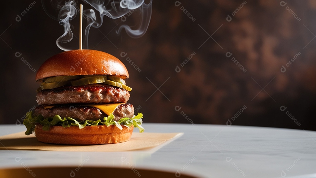 Hamburguer duplo de carne sobre mesa branca