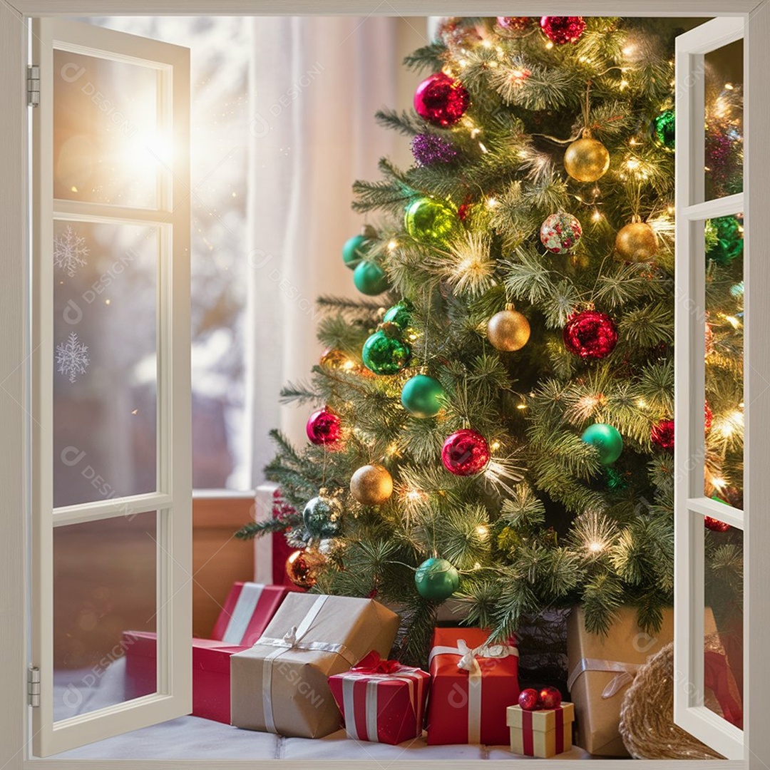 Vista de uma janela com árvore de natal decorada