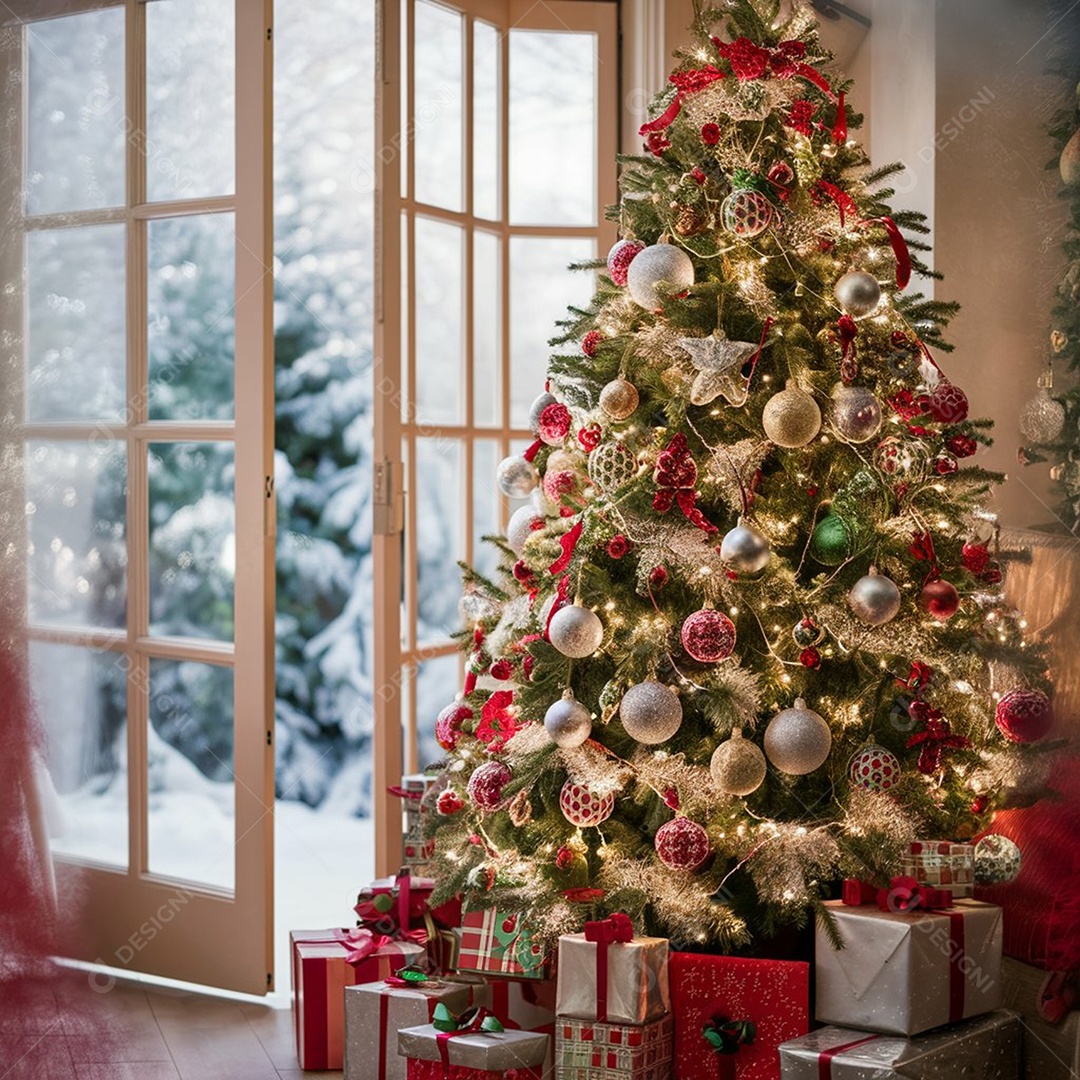 Árvore de natal linda decorada com presentes embaixo