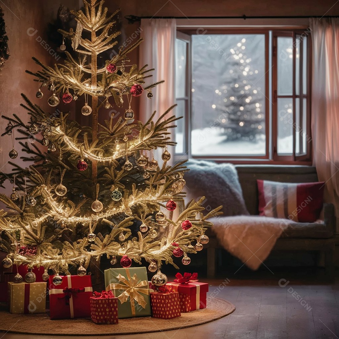 Sala de estar com linda árvore de natal decorada