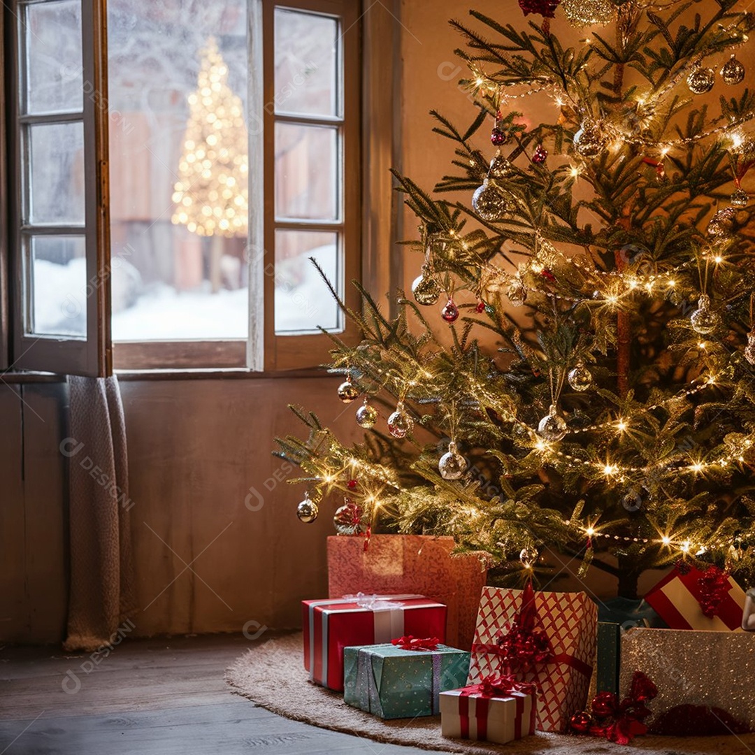 Linda árvore de natal com muitos presentes embaixo