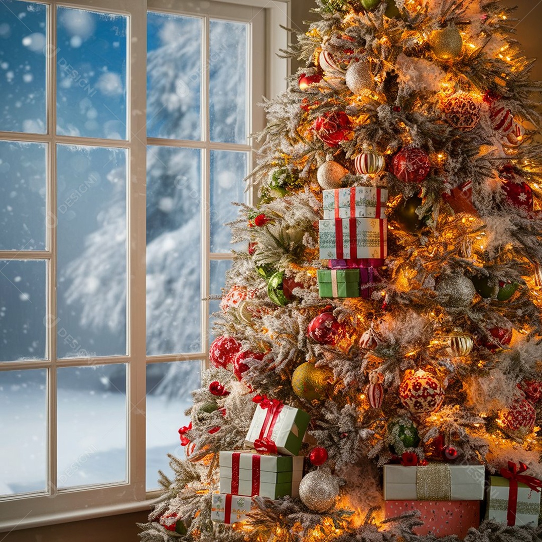 Árvore de natal com presentes embaixo lindos