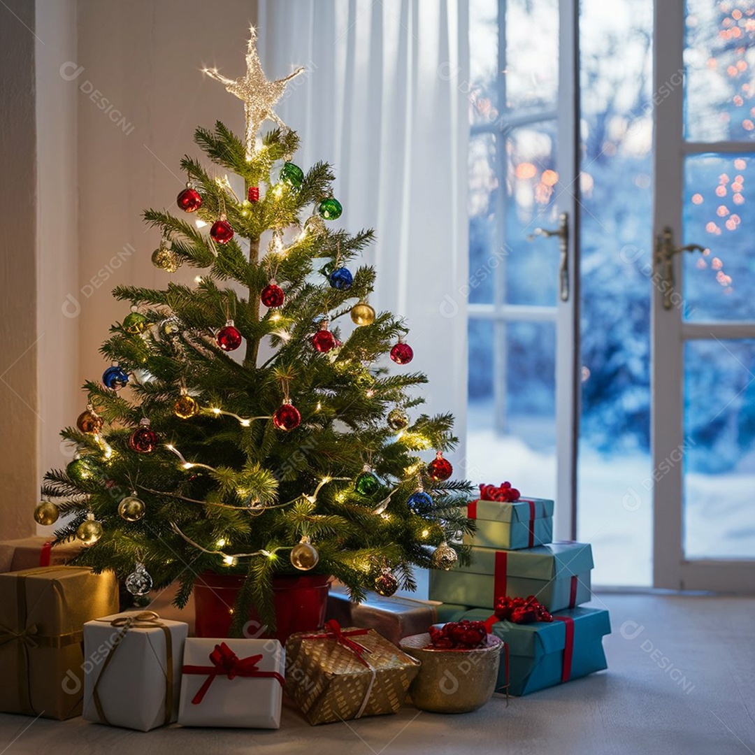 Árvore de natal decorada linda com muitos presente embaixo