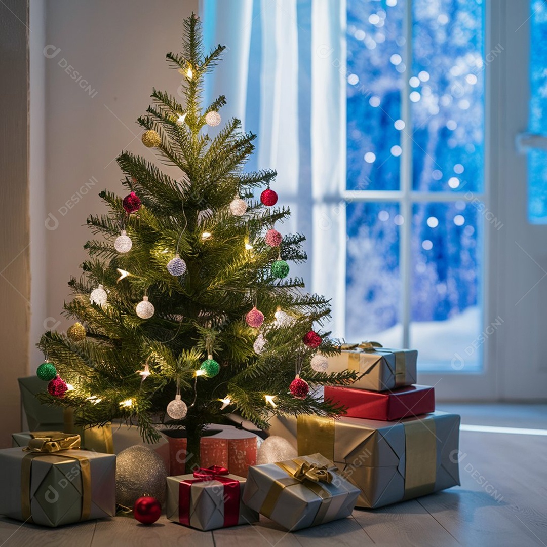 Árvore de natal com muitos presentes em uma sala de estar aconchegante