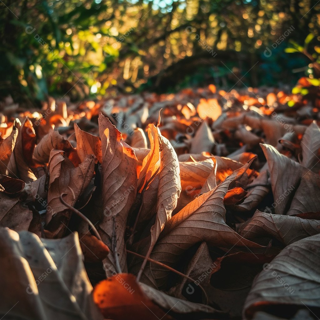 Linda floresta com muita folhas secas no chão