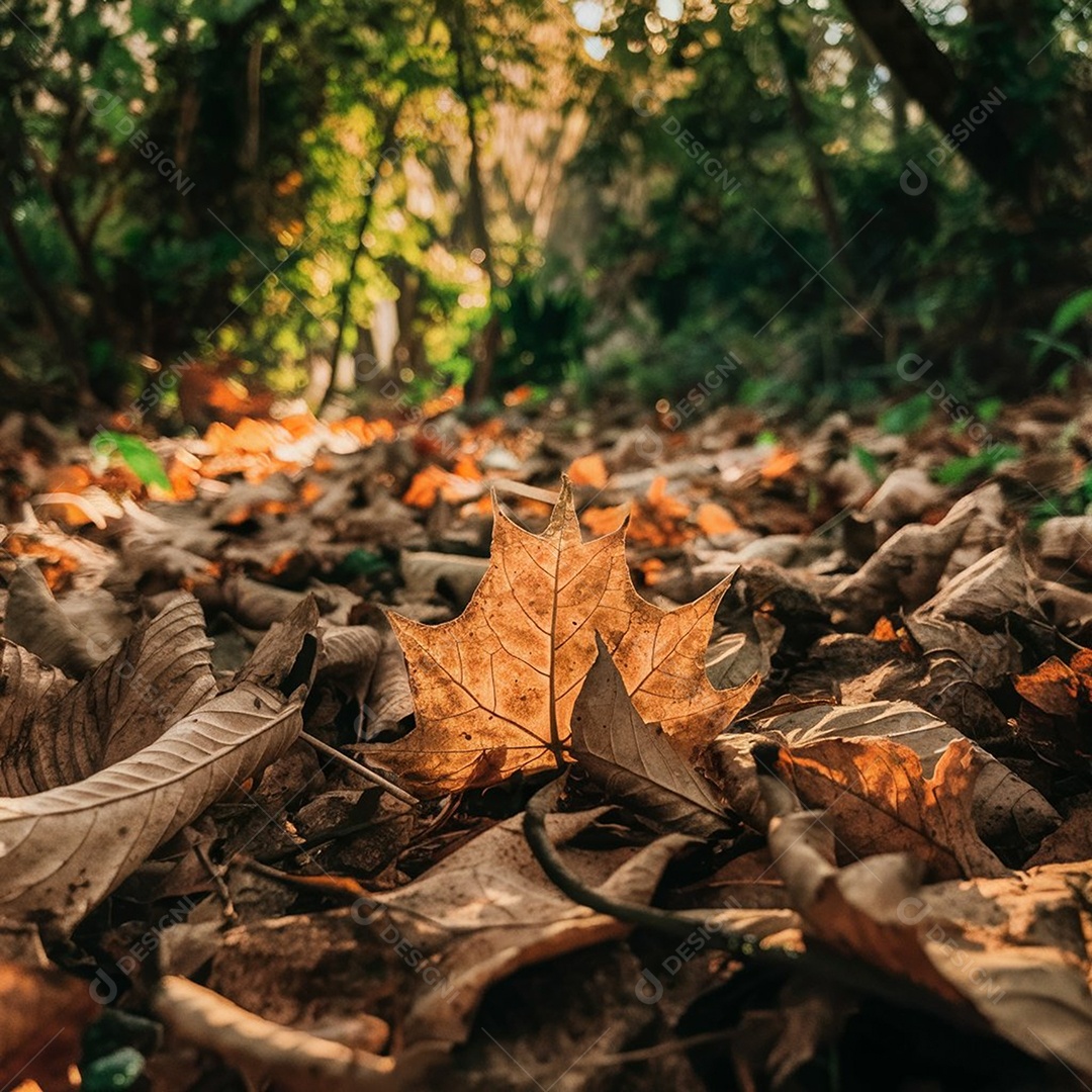Linda floresta com muita folhas secas no chão