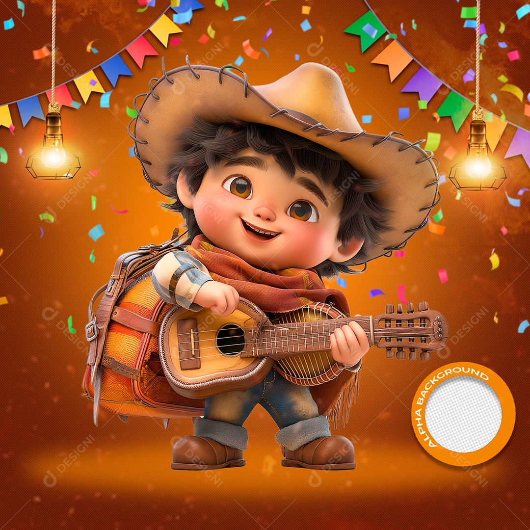 Homem Caipira Tocando Violão Elemento 3D para Composição PSD