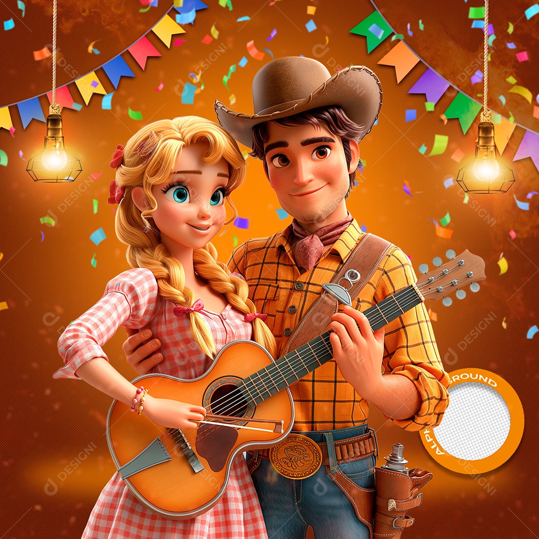 Casal Caipira Tocando Violão Elemento 3D para Composição PSD