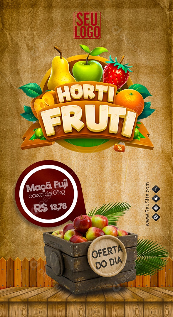 Story Hortifruti Oferta do Dia Maçã Fuji Social Media PSD Editável