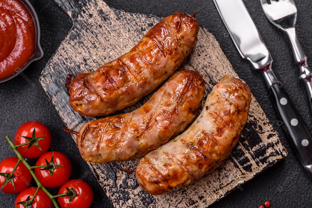 Salsichas de porco ou frango grelhadas com sal, especiarias e ervas