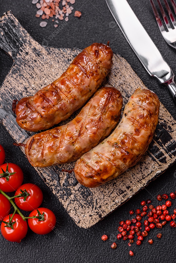 Linguiça grelhada sobre tábua com tomates e tempero ao lado