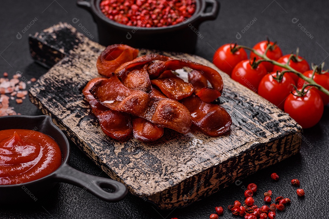 Salsichas fritas cortadas com sal e especiarias como ingrediente para um café da manhã inglês sobre fundo escuro de concreto