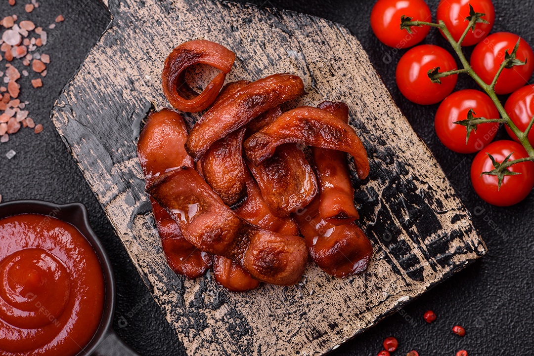 Salsichas fritas cortadas com sal e especiarias como ingrediente para um café da manhã inglês sobre fundo escuro de concreto