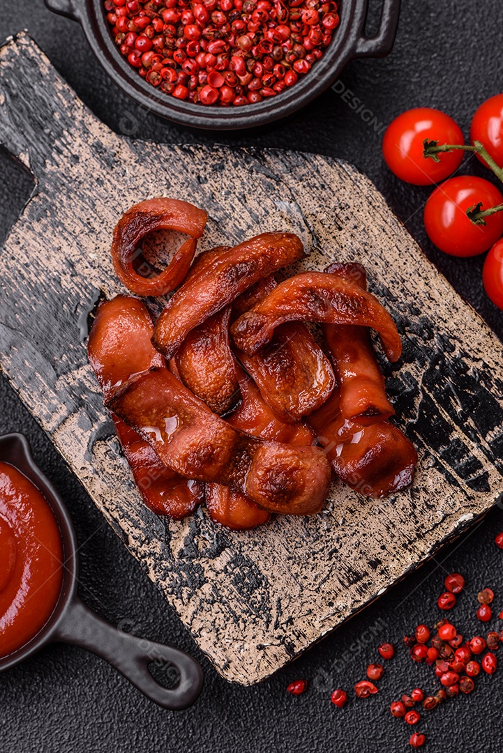 Salsichas fritas cortadas com sal e especiarias como ingrediente para um café da manhã inglês sobre fundo escuro de concreto