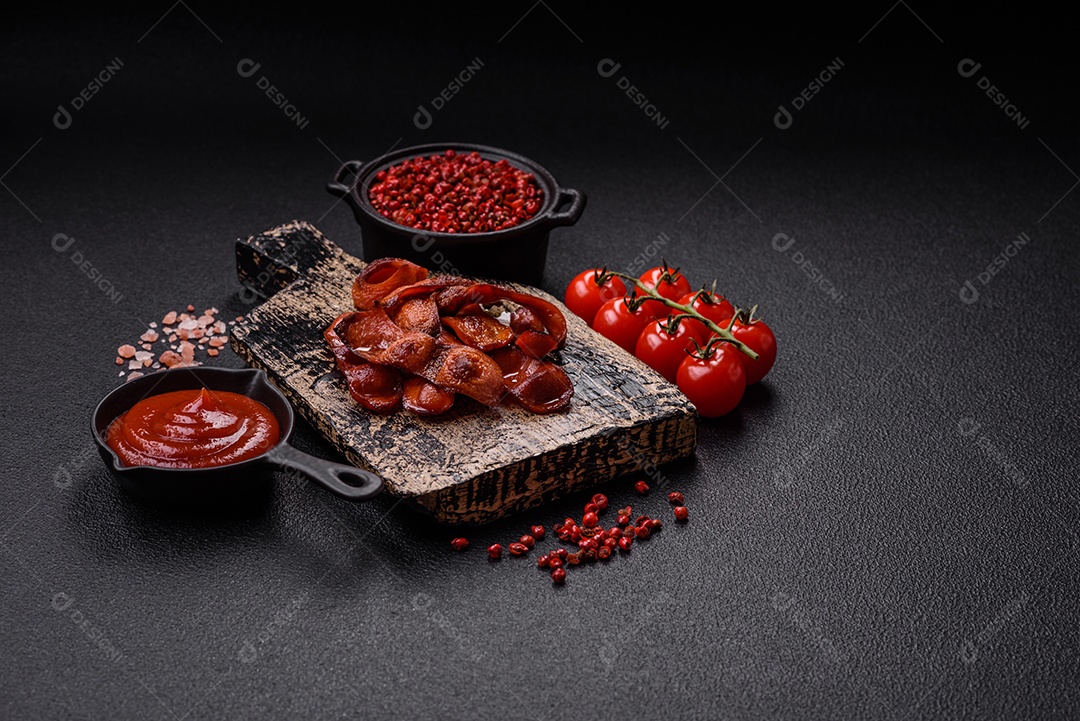 Salsichas fritas cortadas com sal e especiarias como ingrediente para um café da manhã inglês sobre fundo escuro de concreto