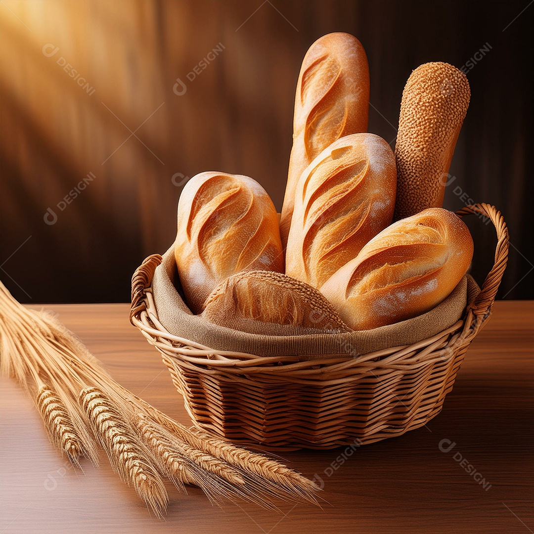 Cesta com pão francês sobre uma mesa de madeira