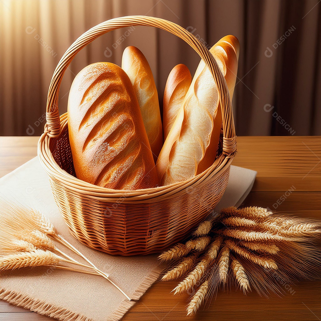 Cesta com pão francês sobre uma mesa de madeira
