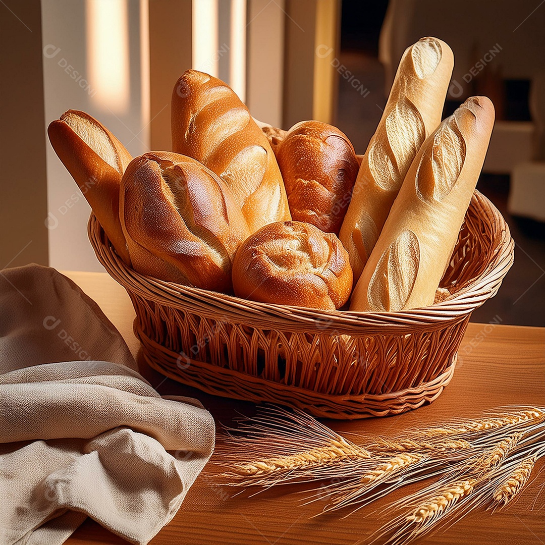 Cesta com pão francês sobre uma mesa de madeira