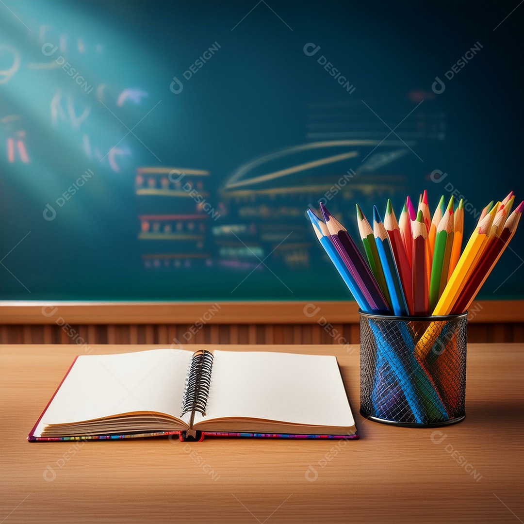 Vista frontal de lápis de cor ao lado de um caderno aberto em uma mesa escolar