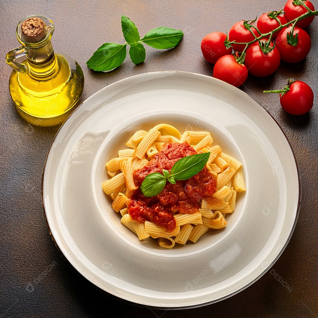 Prato de macarrão com molho de tomate por cima e folhas de manjericão e azeite de oliva