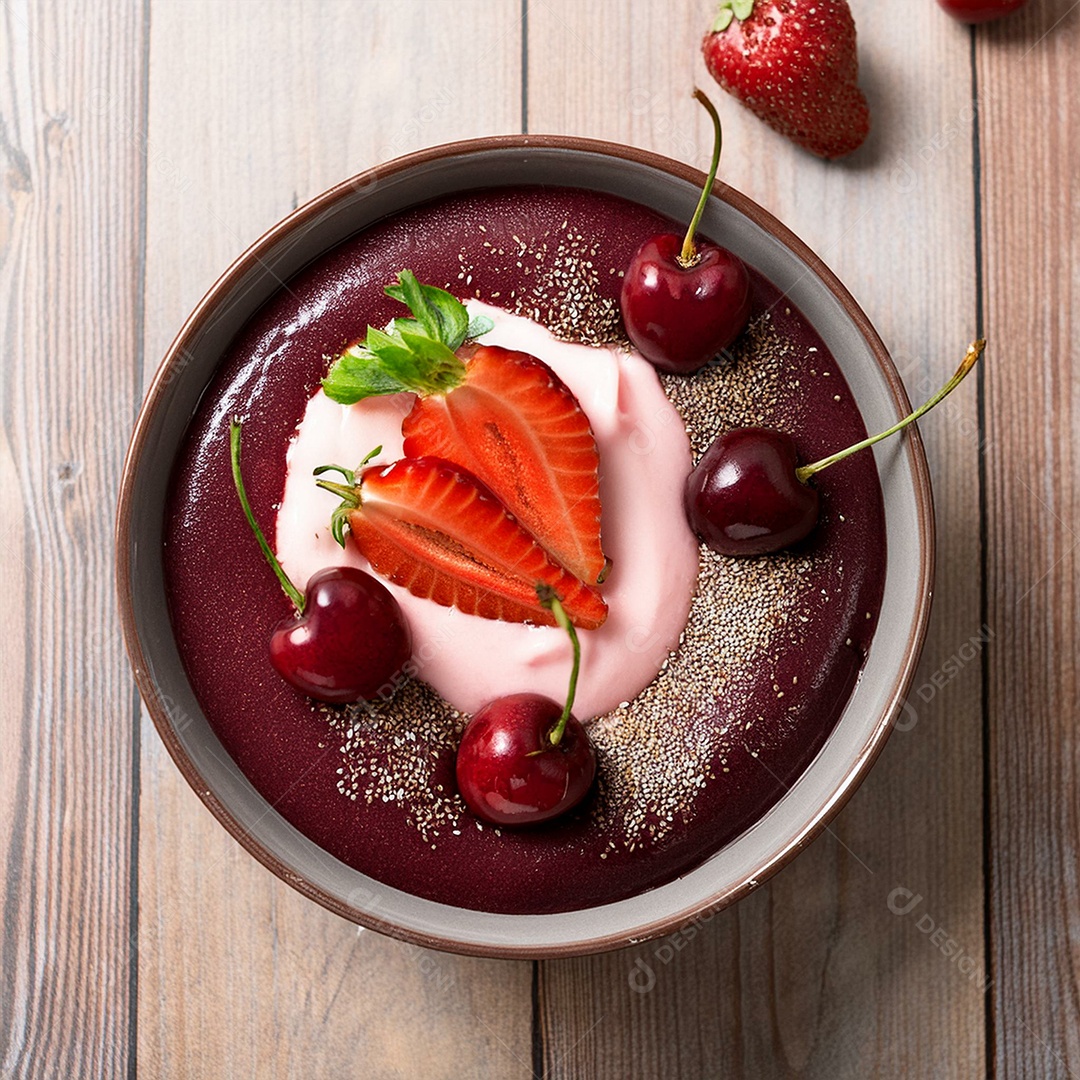Vista superior de uma tigela cheia de açaí cremoso com cerejas e morangos por cima