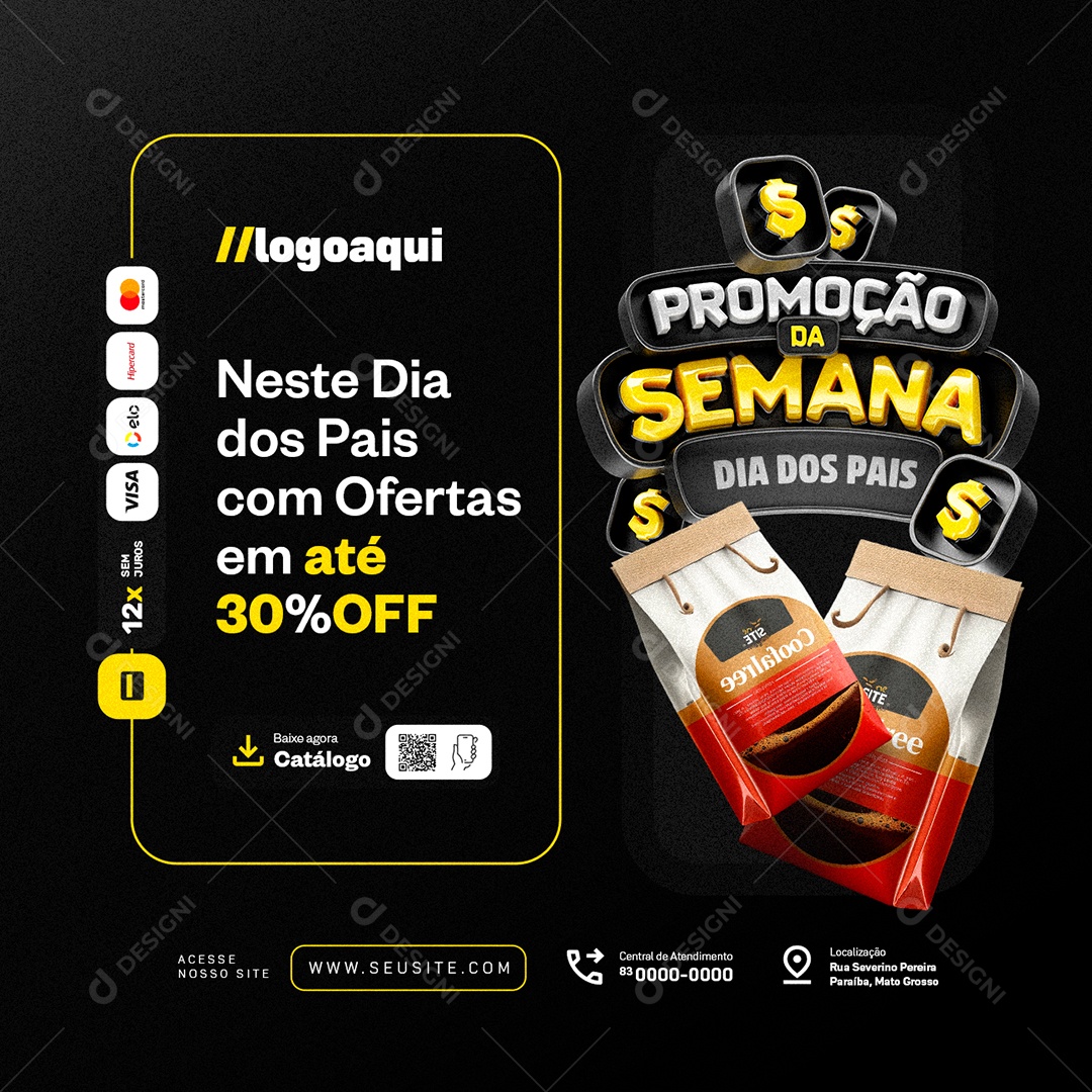 Promoção da Semana Dia dos Pais Supermercado Pacote de Café Social Media PSD Editável