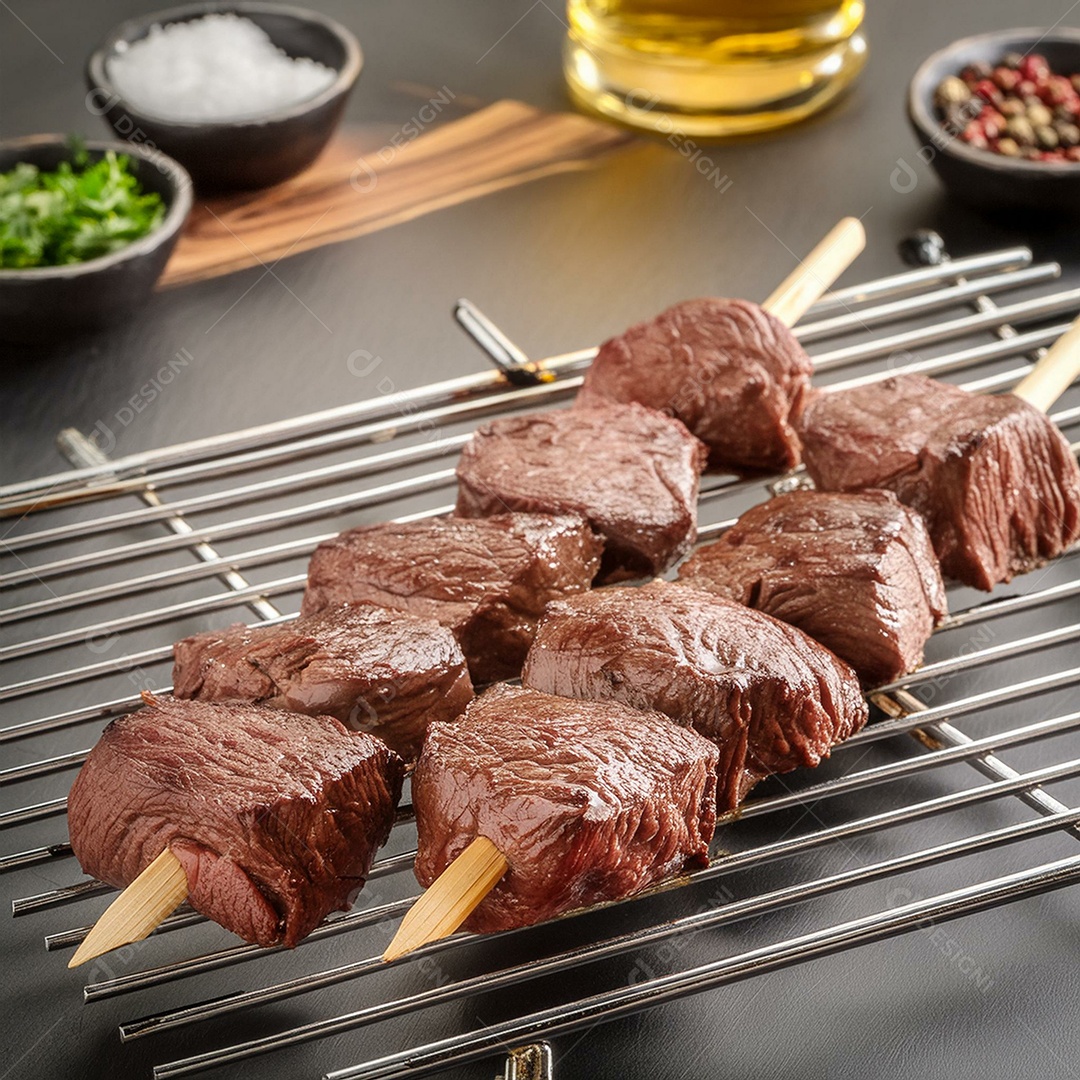 Picanhas de carne assadas em quatro espetos de metal em uma grelha de metal