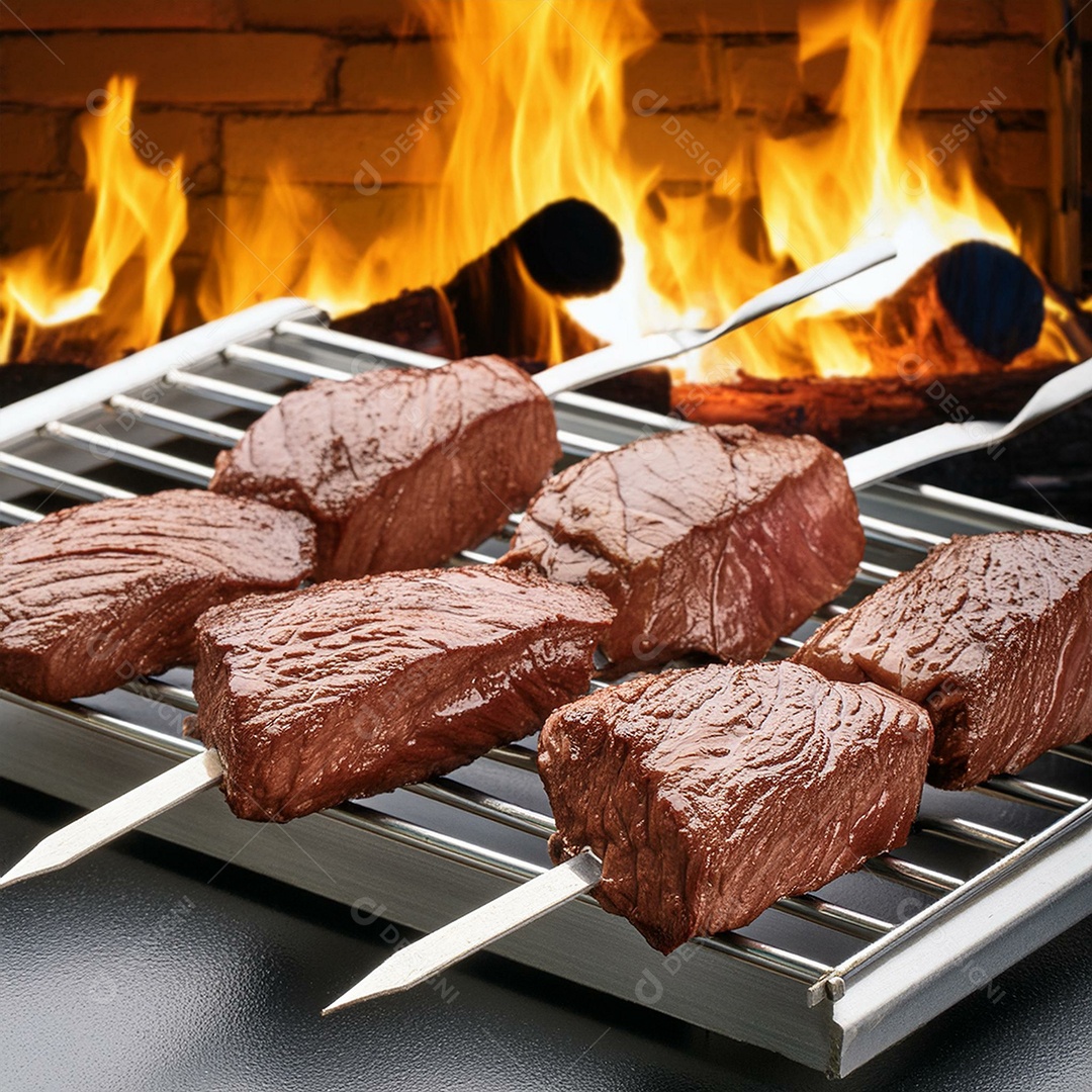 Picanhas de carne assadas em quatro espetos de metal em uma grelha de metal