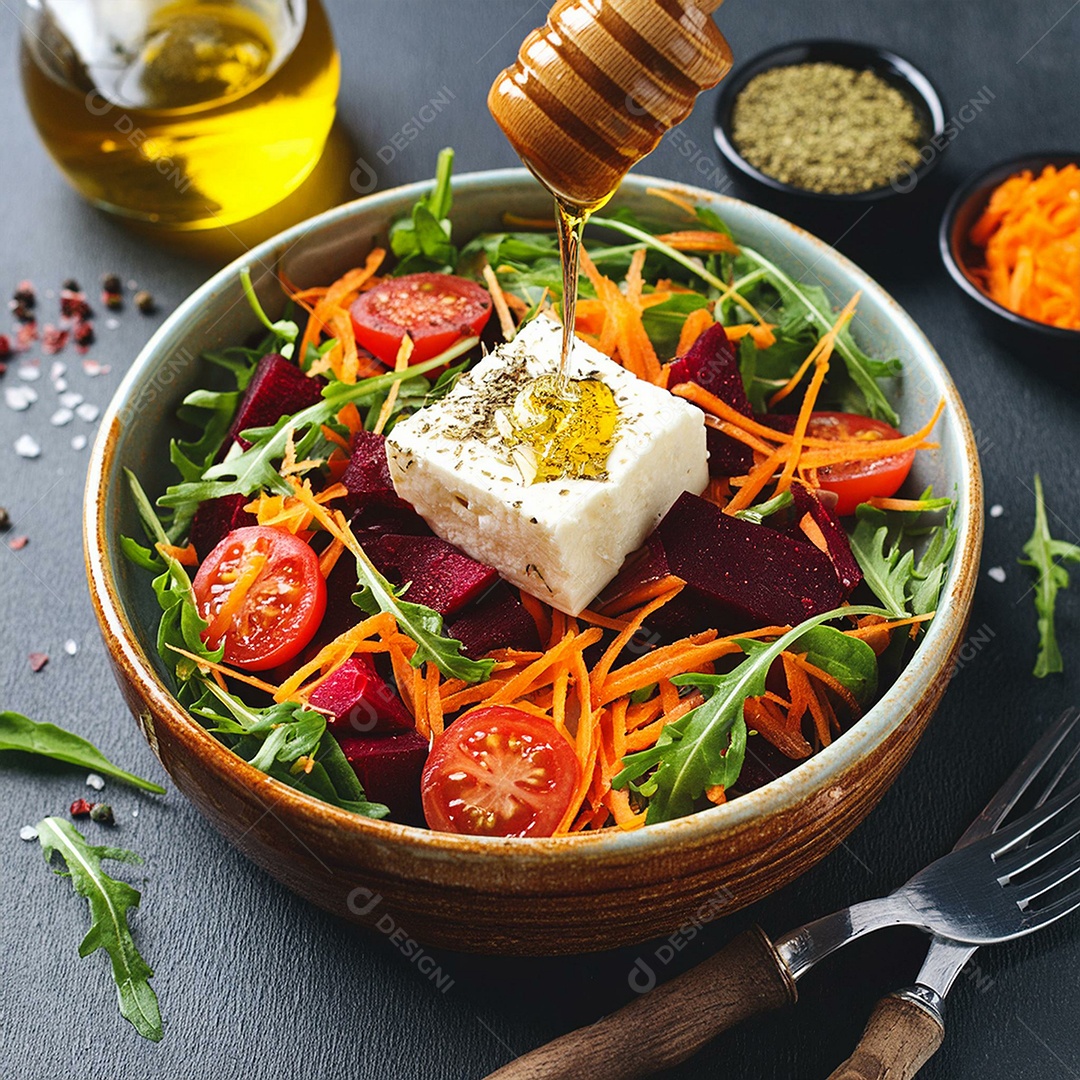 Deliciosa salada grega com tomate pepino rúcula alface cenoura beterraba ralada