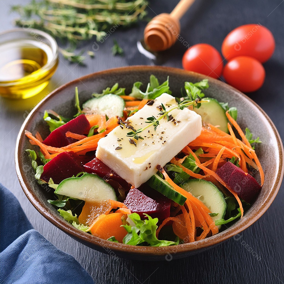 Deliciosa salada grega com tomate pepino rúcula alface cenoura beterraba ralada