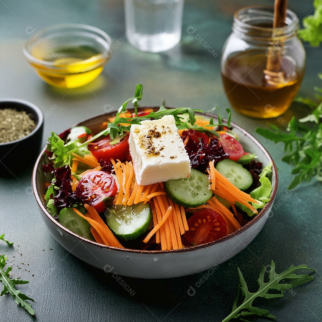 Deliciosa salada grega com tomate pepino rúcula alface cenoura beterraba ralada