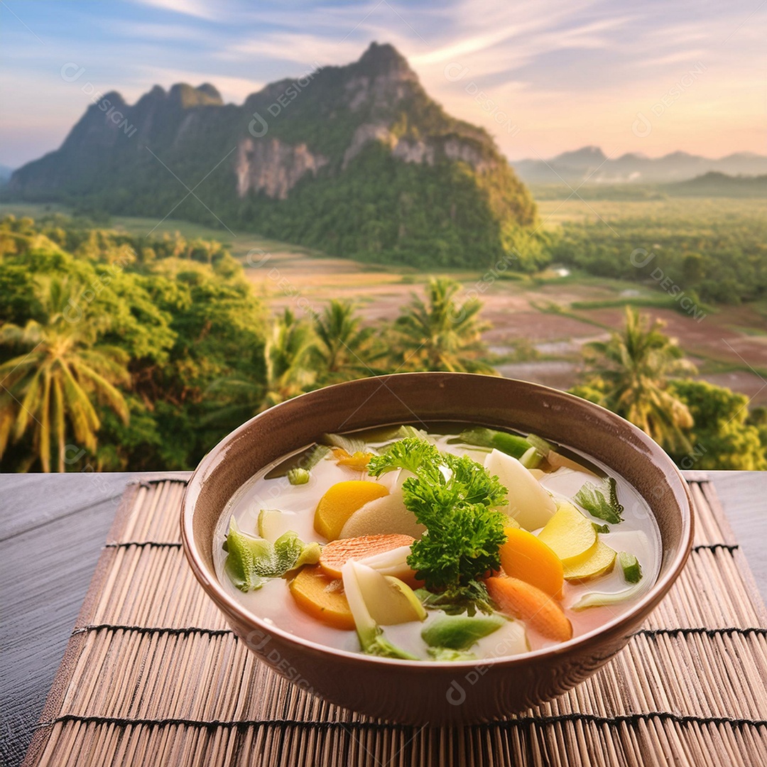 Deliciosa sopa tailandesa com legumes cortados em uma tigela