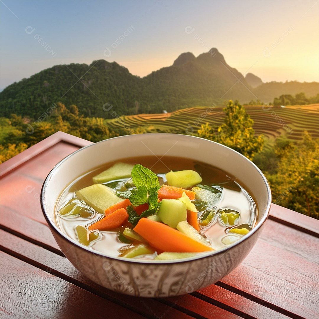Deliciosa sopa tailandesa com legumes cortados em uma tigela