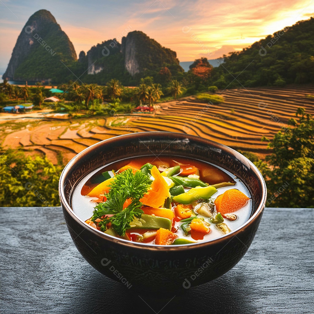 Deliciosa sopa tailandesa com legumes cortados em uma tigela