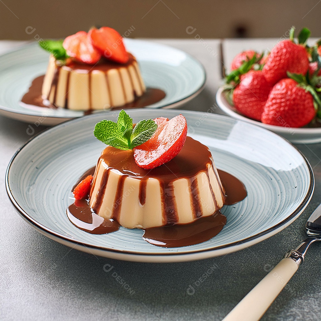 Pudim de leite com calda de chocolate e morangos frescos por cima